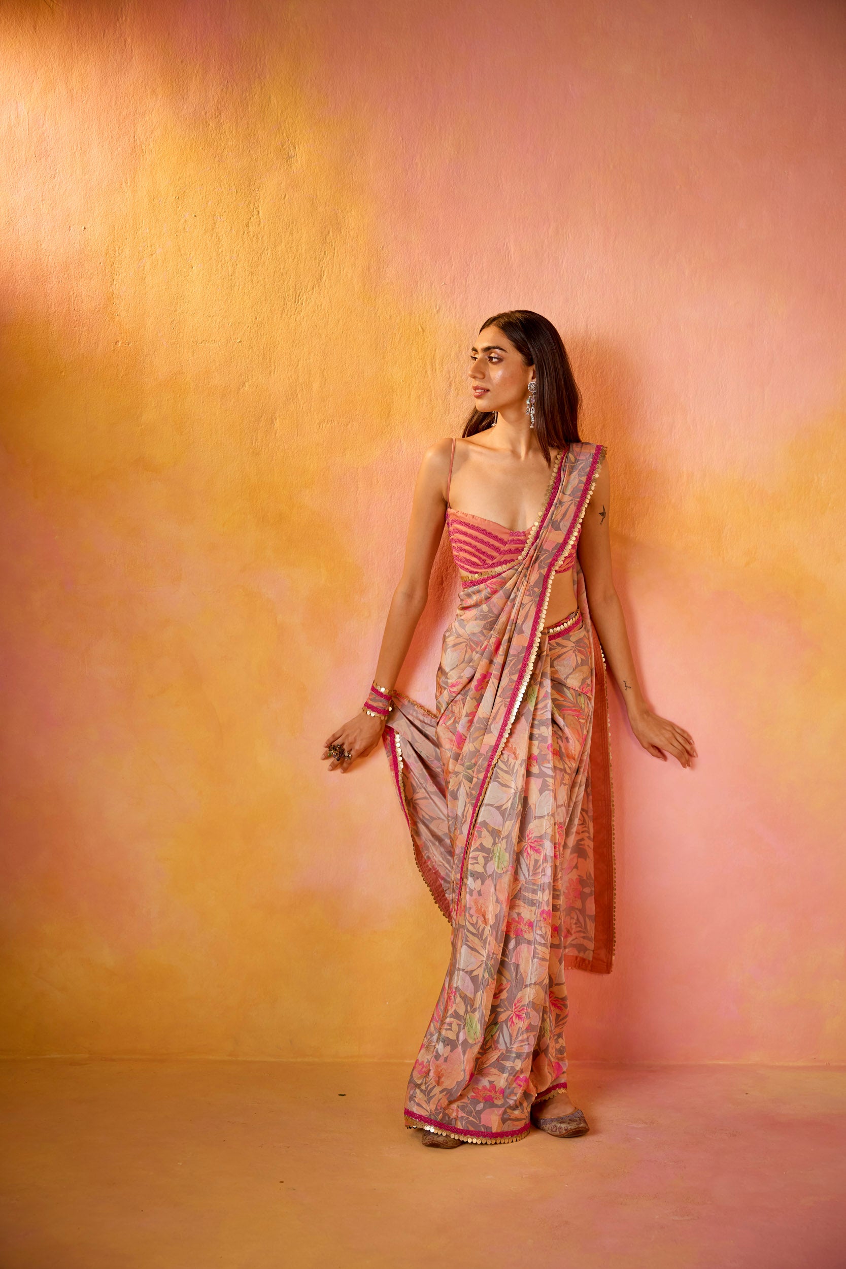 Aarzoo Grey Crepe Saree With Peach Embroidered Blouse