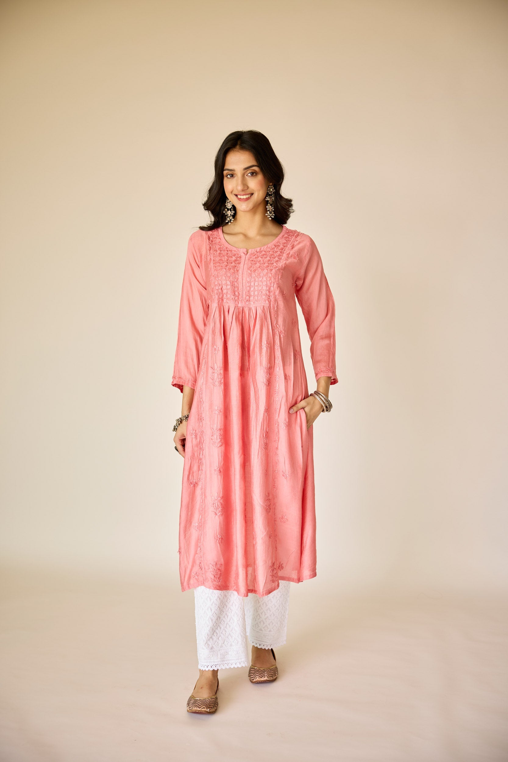 Tala Pink Chanderi Hand Embroidered Chikankari Kurta