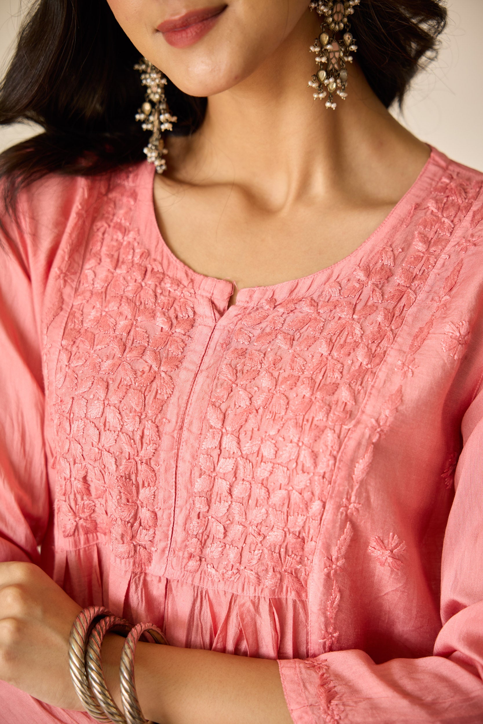 Tala Pink Chanderi Hand Embroidered Chikankari Kurta