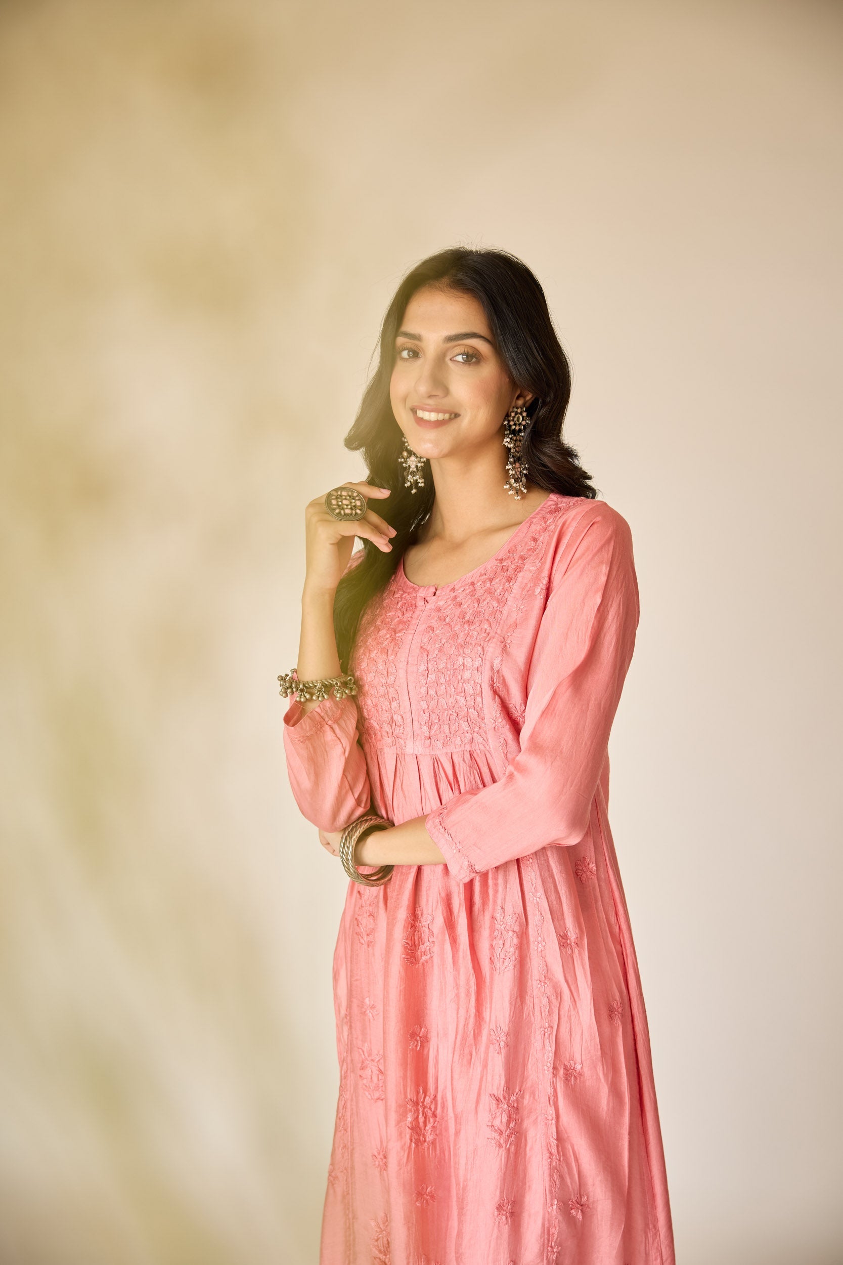 Tala Pink Chanderi Hand Embroidered Chikankari Kurta