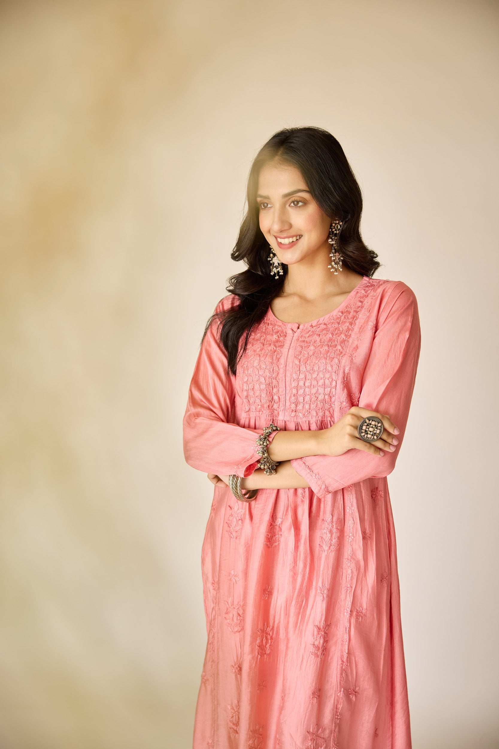 Tala Pink Chanderi Hand Embroidered Chikankari Kurta