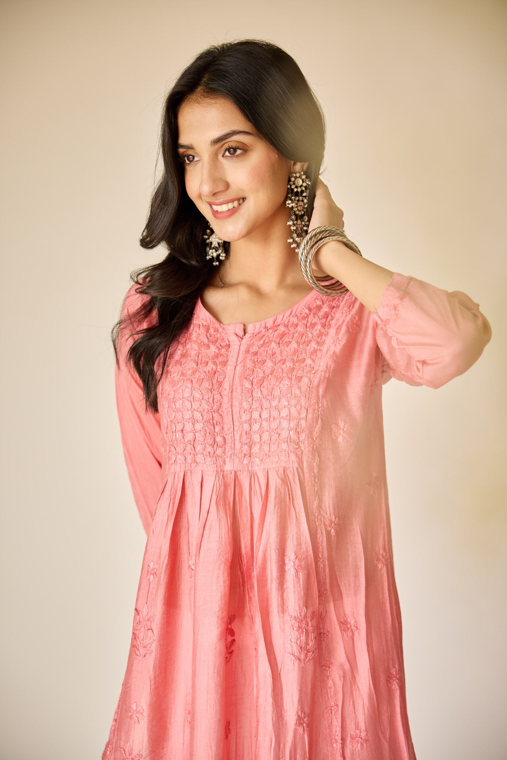 Tala Pink Chanderi Hand Embroidered Chikankari Kurta