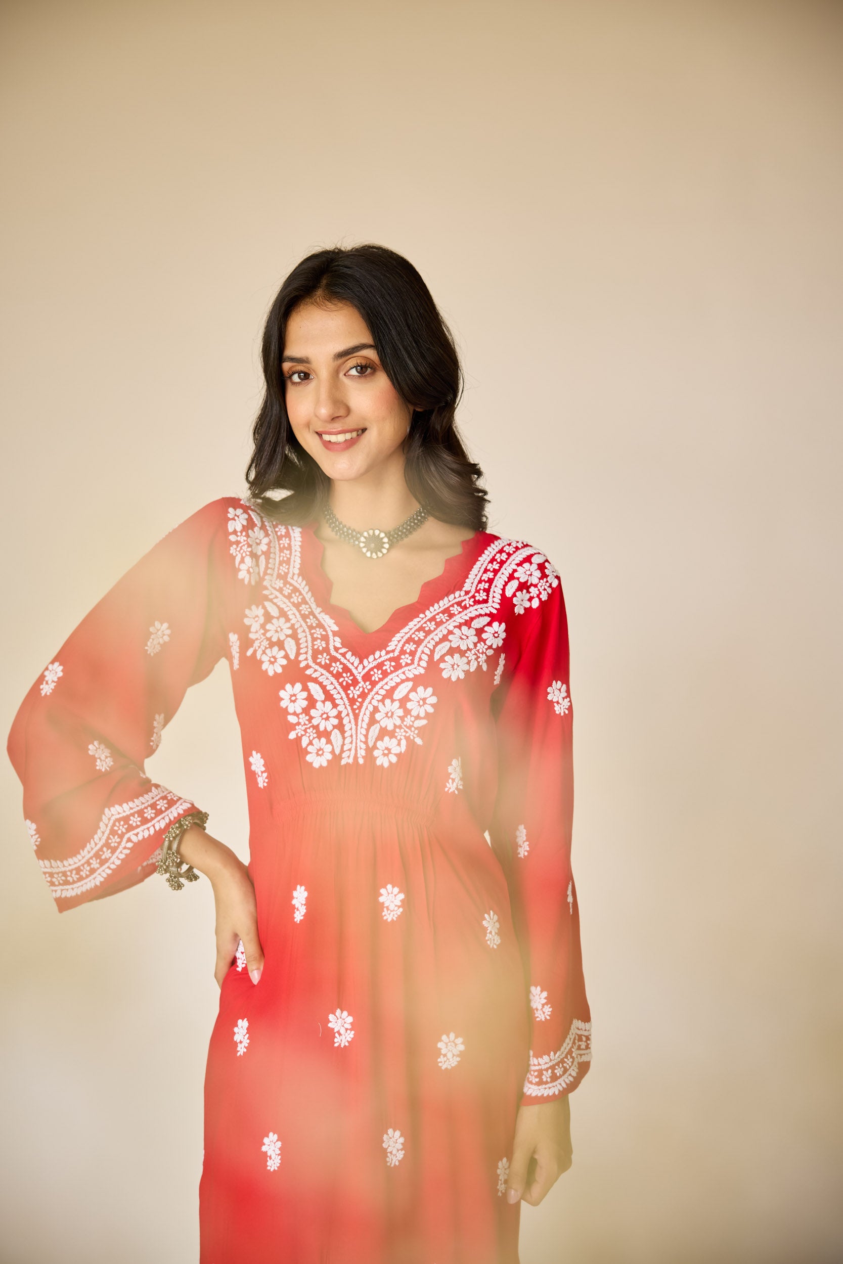 Ayub Red Modal Hand Embroidered Chikankari Kurta