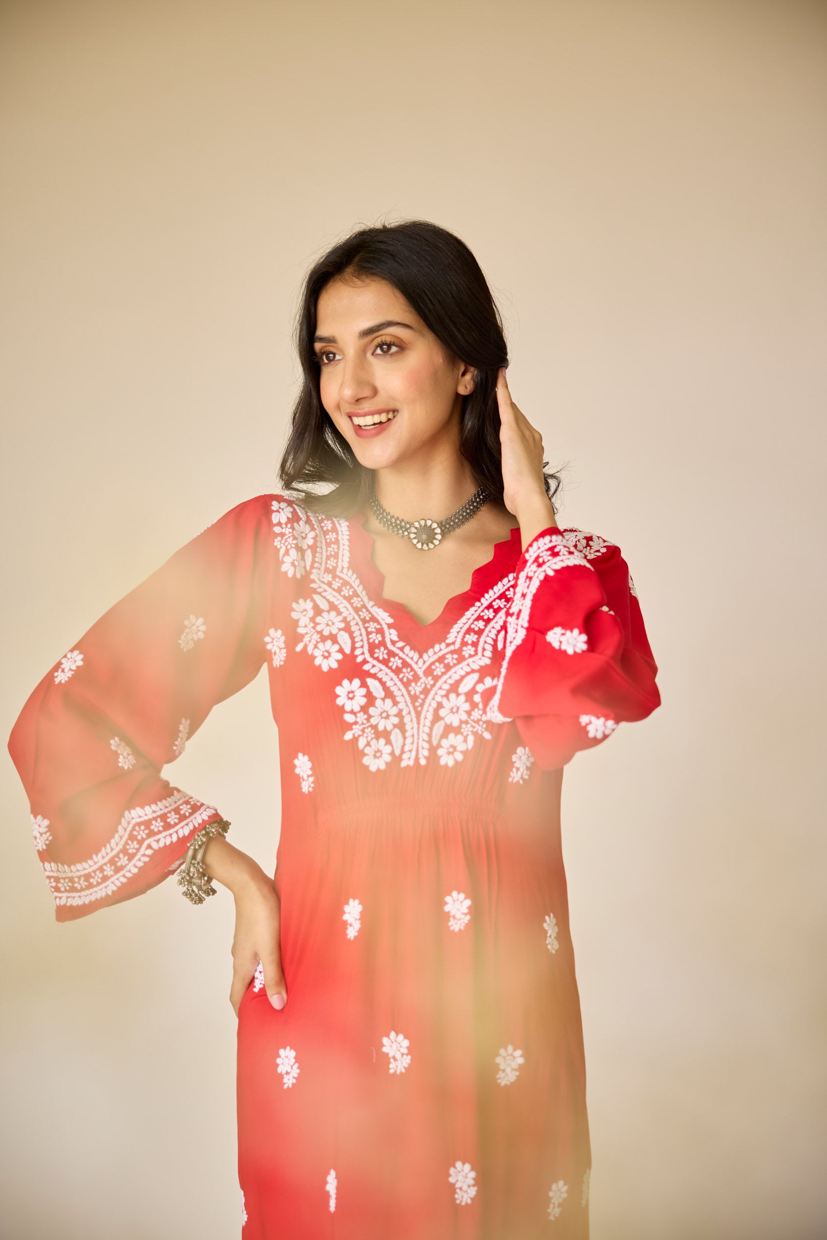 Ayub Red Modal Hand Embroidered Chikankari Kurta