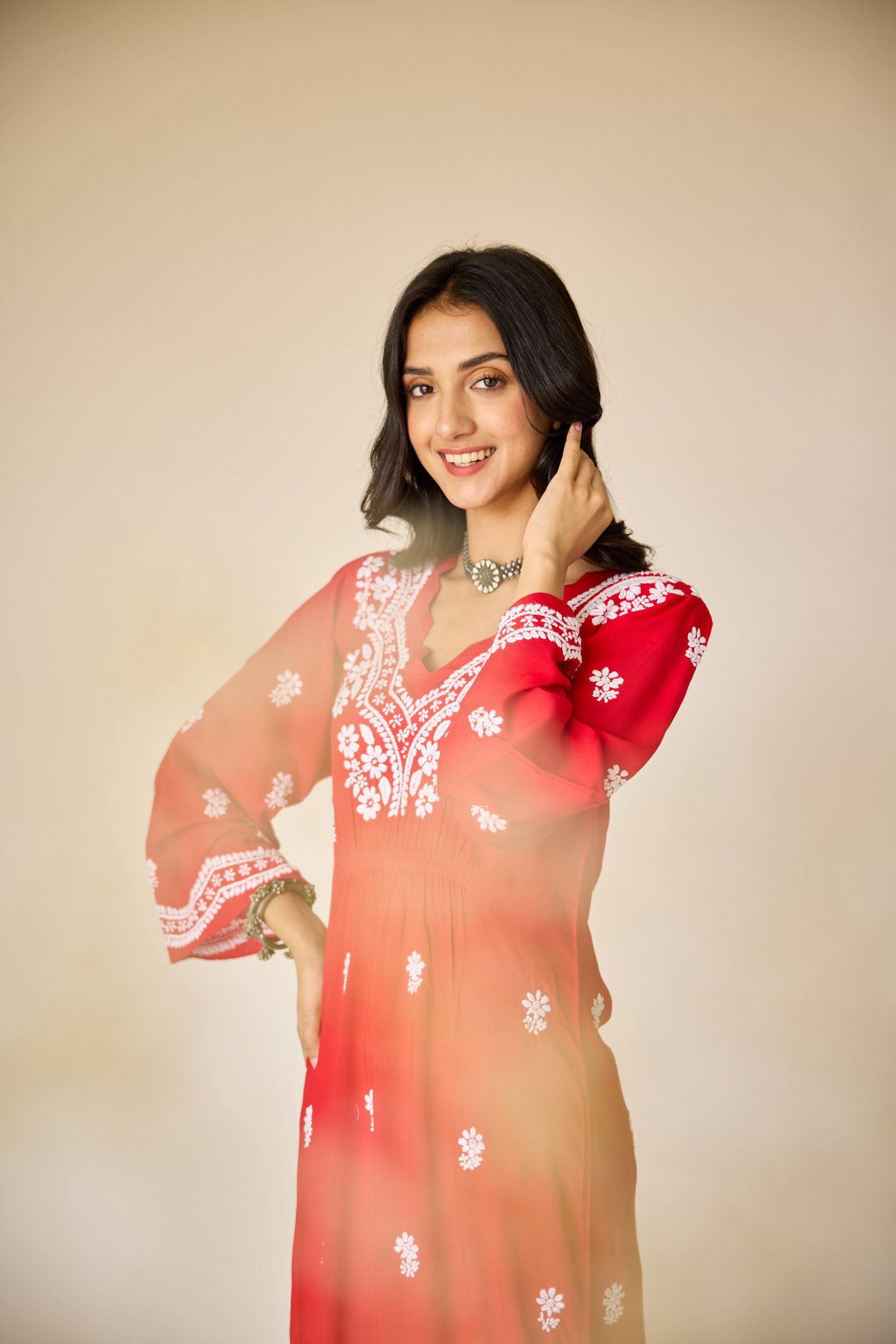 Ayub Red Modal Hand Embroidered Chikankari Kurta