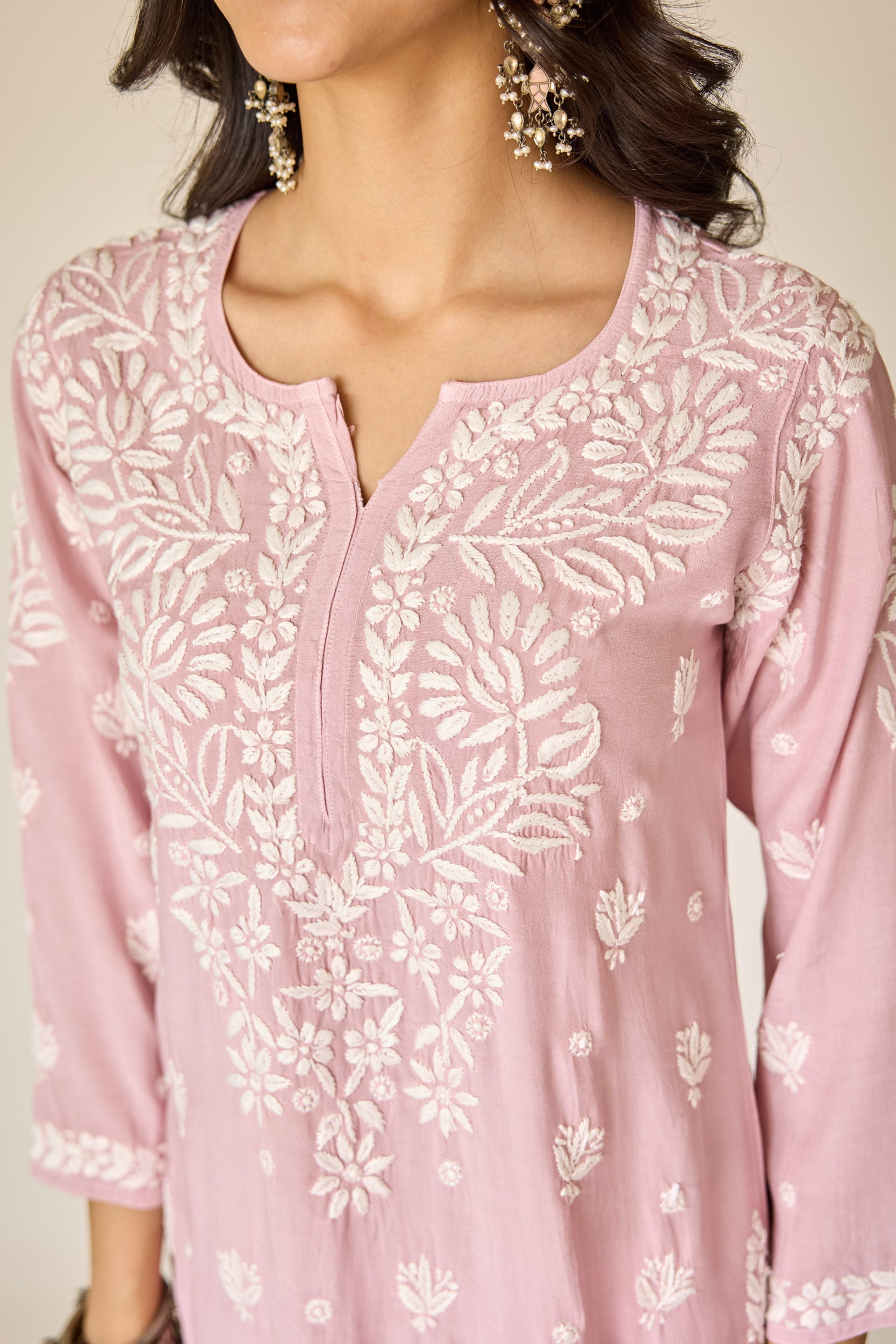 Noura Dusty Pink Muslin Hand Embroidered Chikankari Kurta