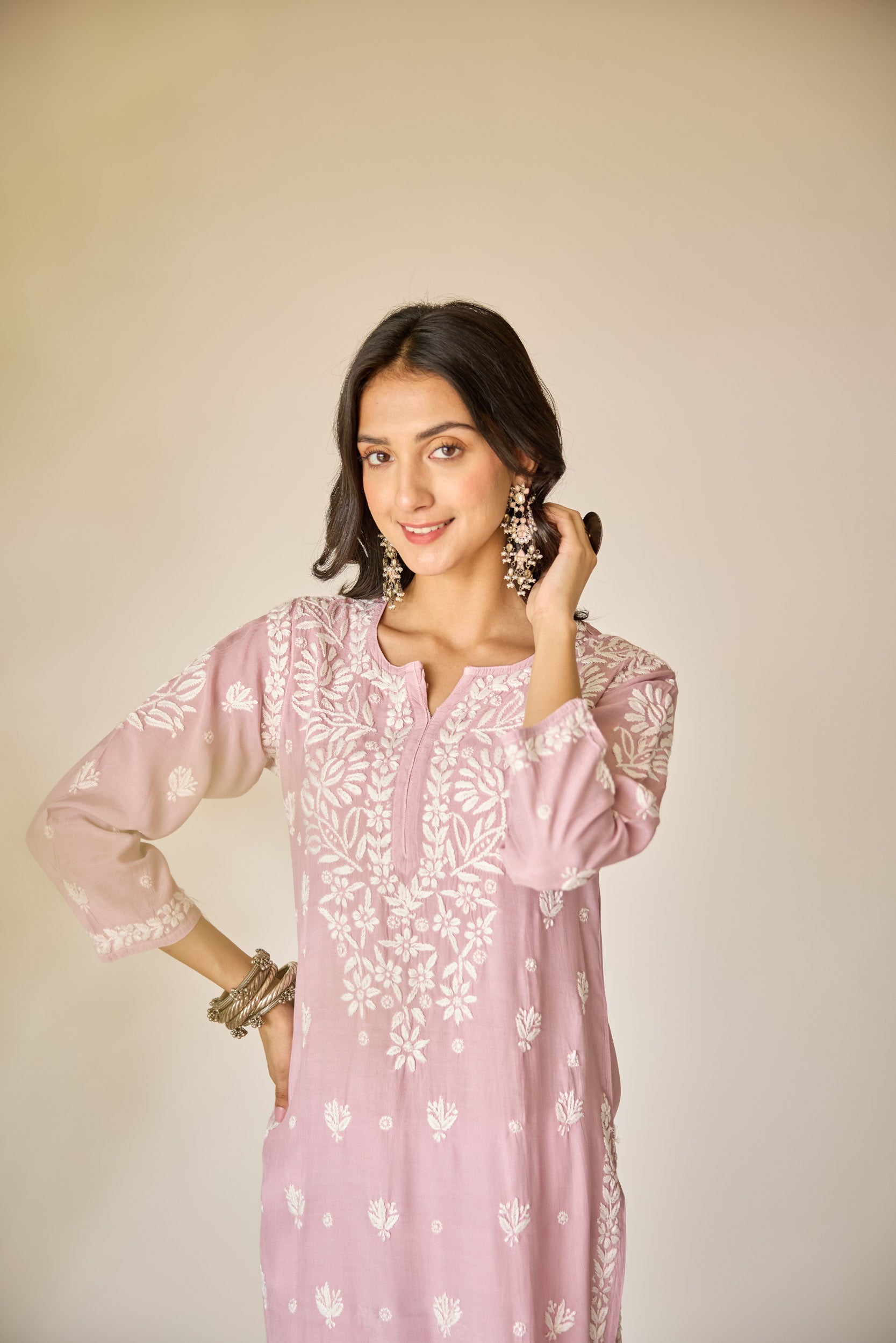 Noura Dusty Pink Muslin Hand Embroidered Chikankari Kurta