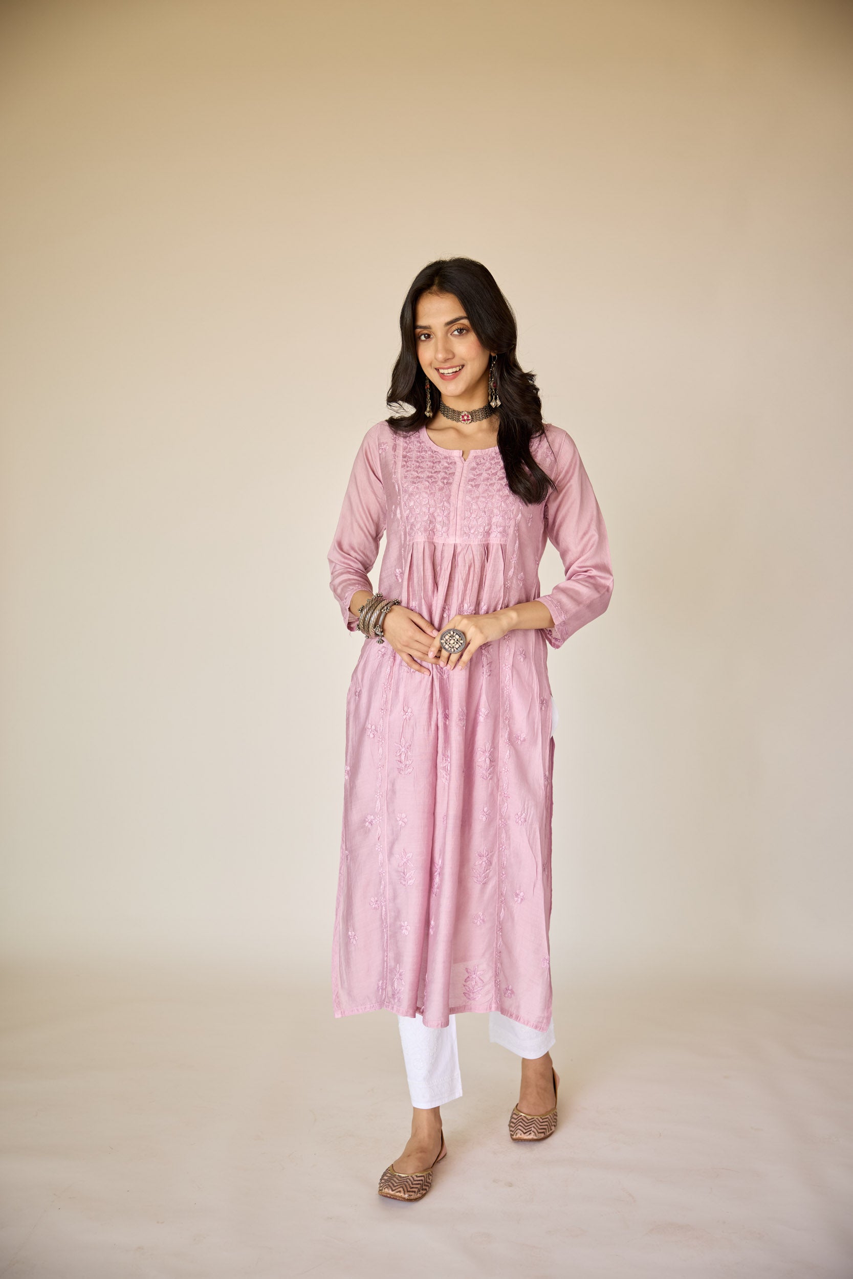 Rim Lilac Chanderi Hand Embroidered Chikankari Kurta