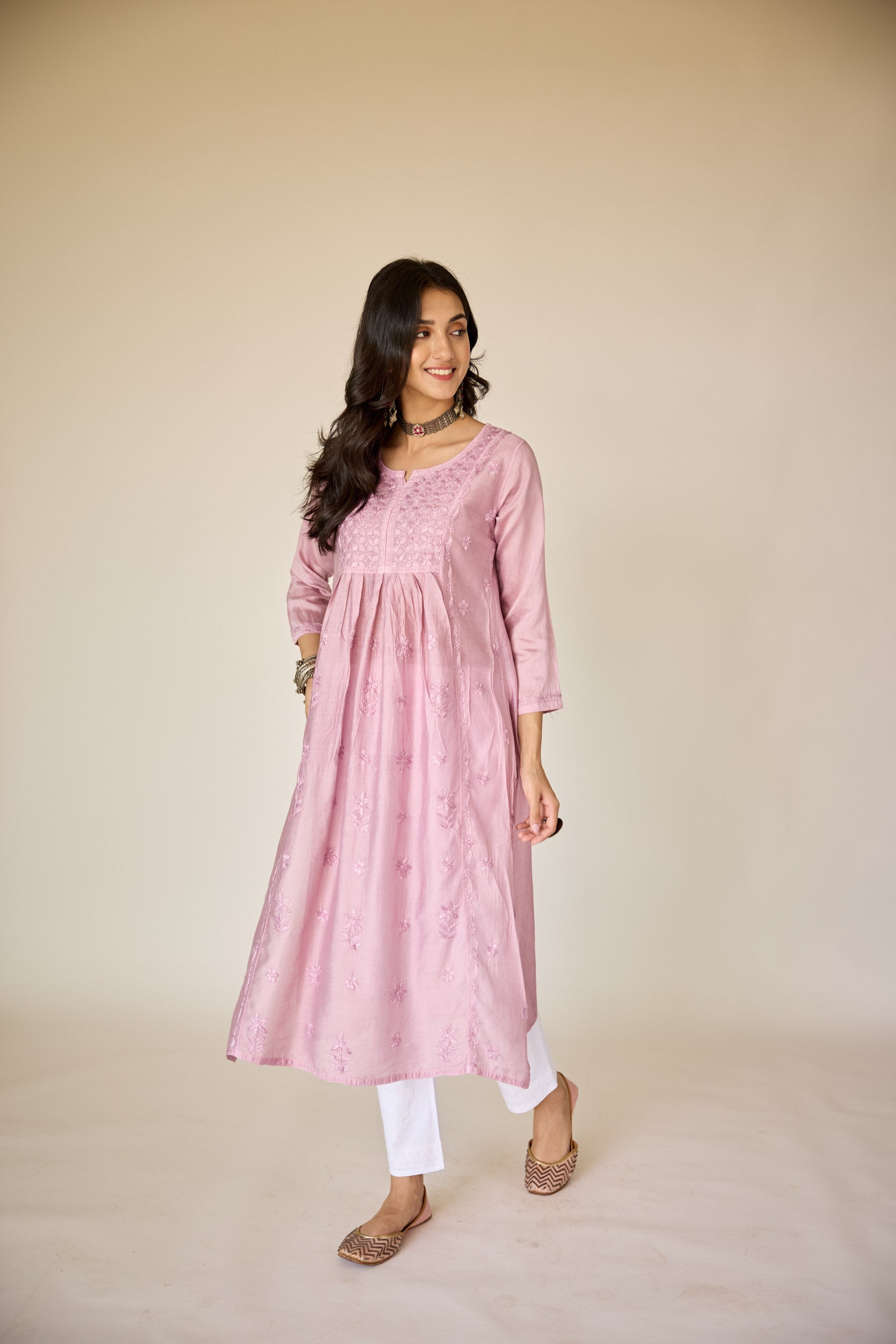 Rim Lilac Chanderi Hand Embroidered Chikankari Kurta