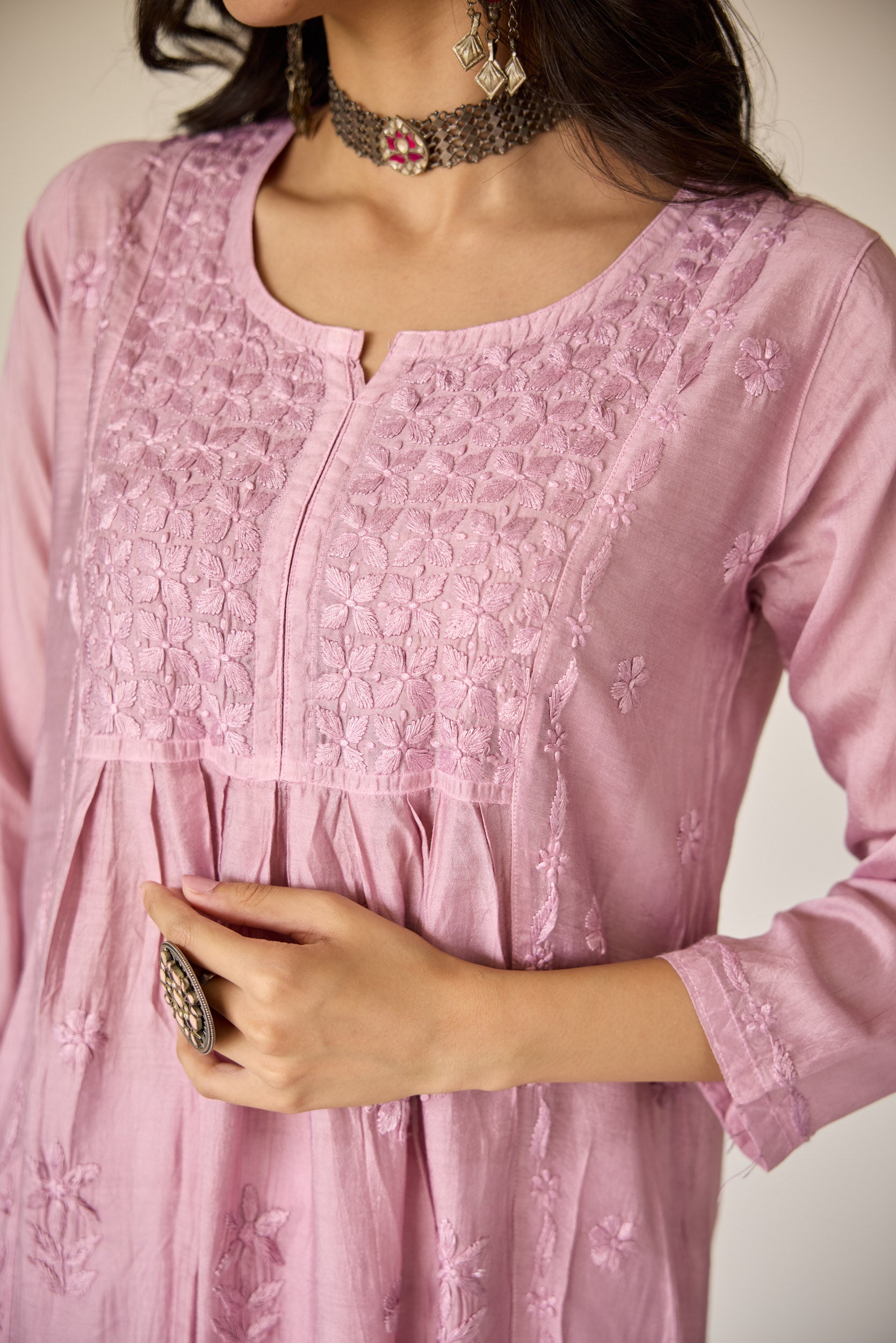 Rim Lilac Chanderi Hand Embroidered Chikankari Kurta