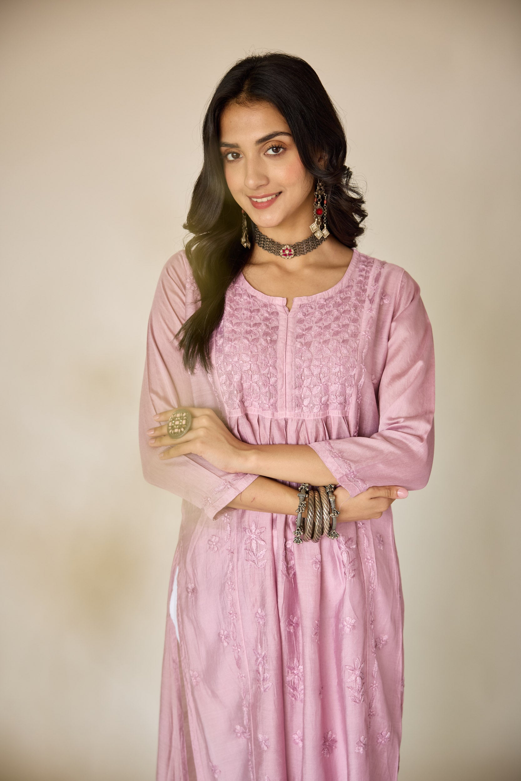 Rim Lilac Chanderi Hand Embroidered Chikankari Kurta