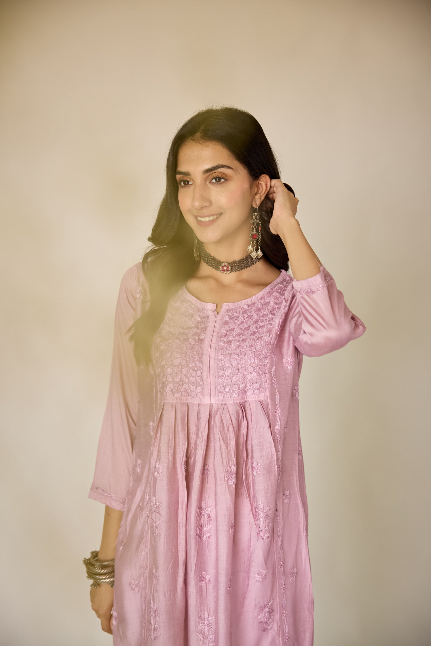 Rim Lilac Chanderi Hand Embroidered Chikankari Kurta