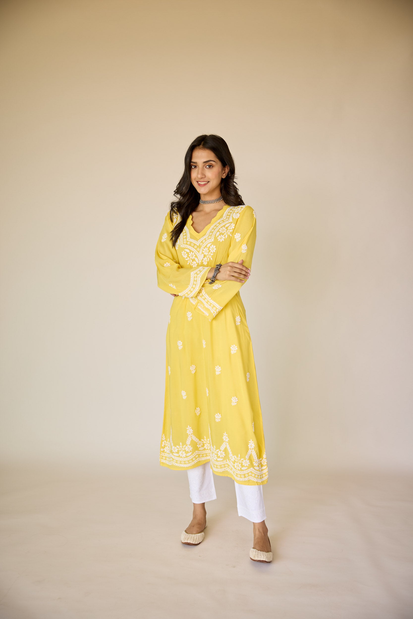 Henna Yellow Modal Hand Embroidered Chikankari Kurta