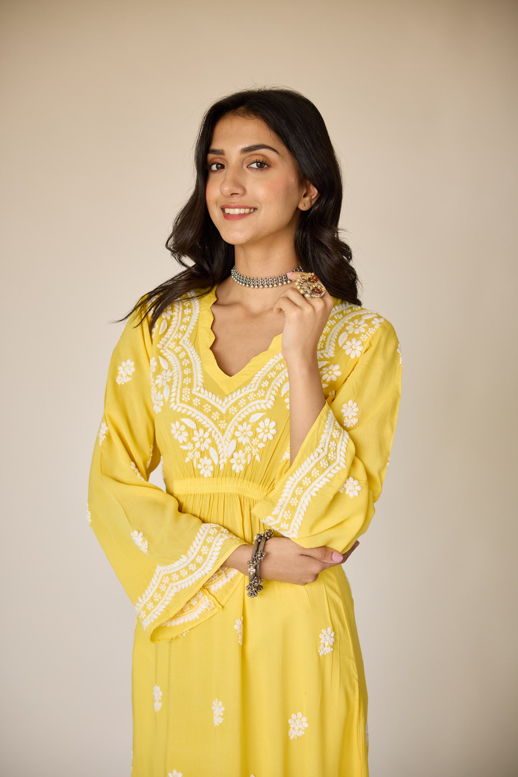 Henna Yellow Modal Hand Embroidered Chikankari Kurta