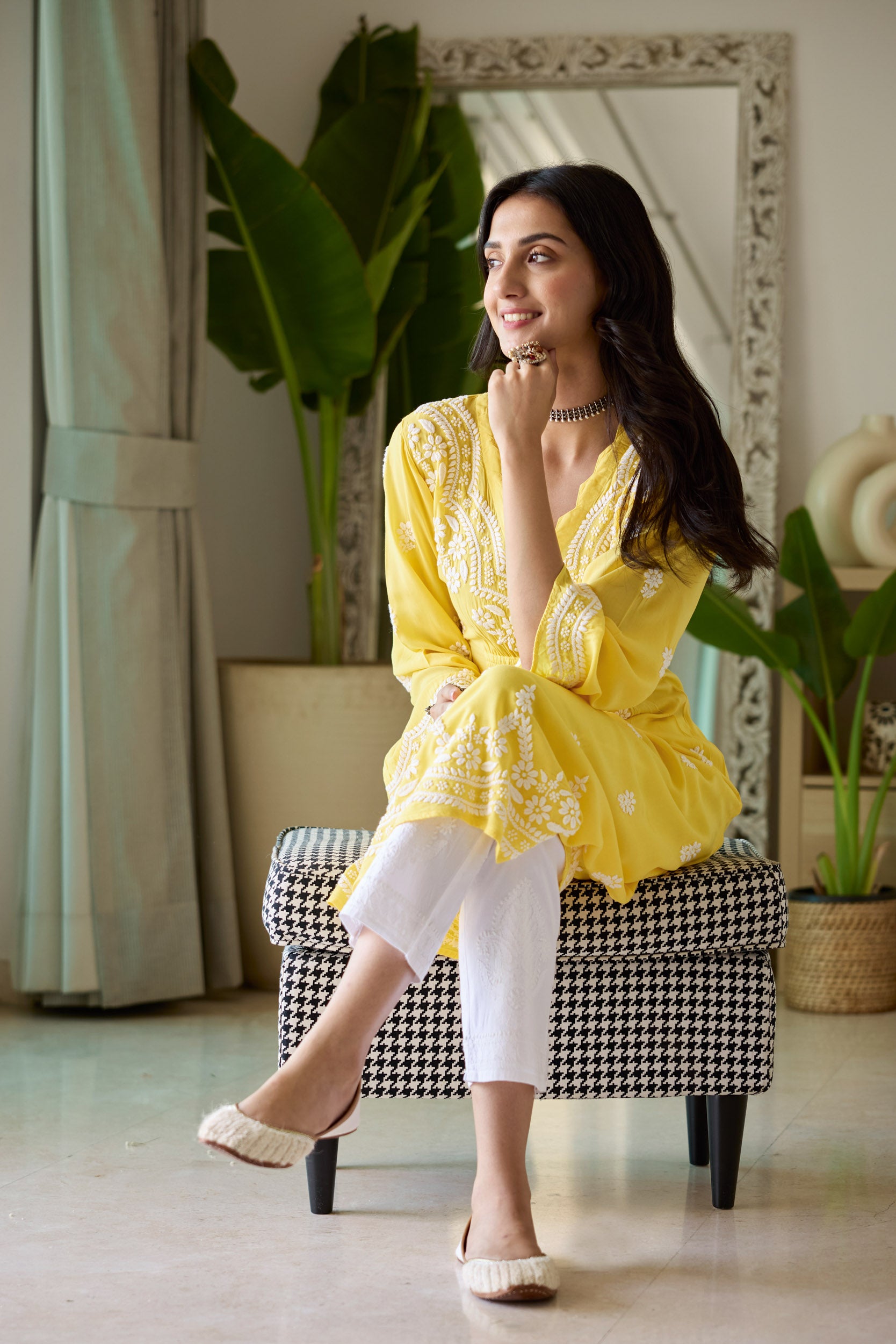 Henna Yellow Modal Hand Embroidered Chikankari Kurta