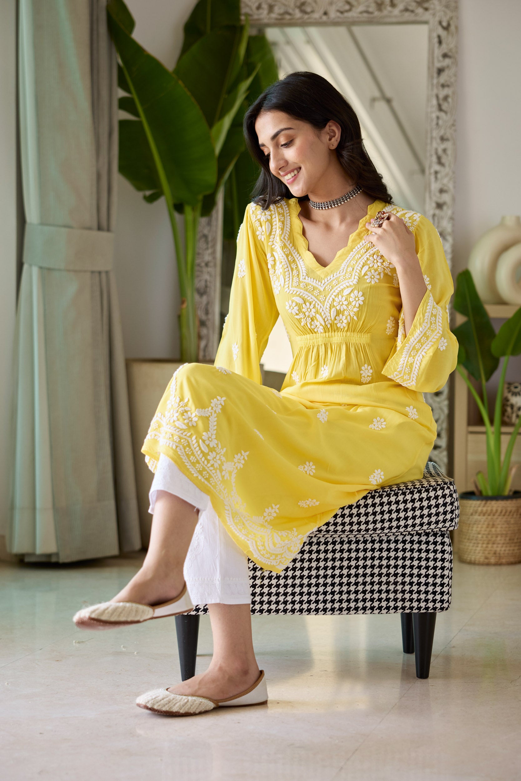 Henna Yellow Modal Hand Embroidered Chikankari Kurta