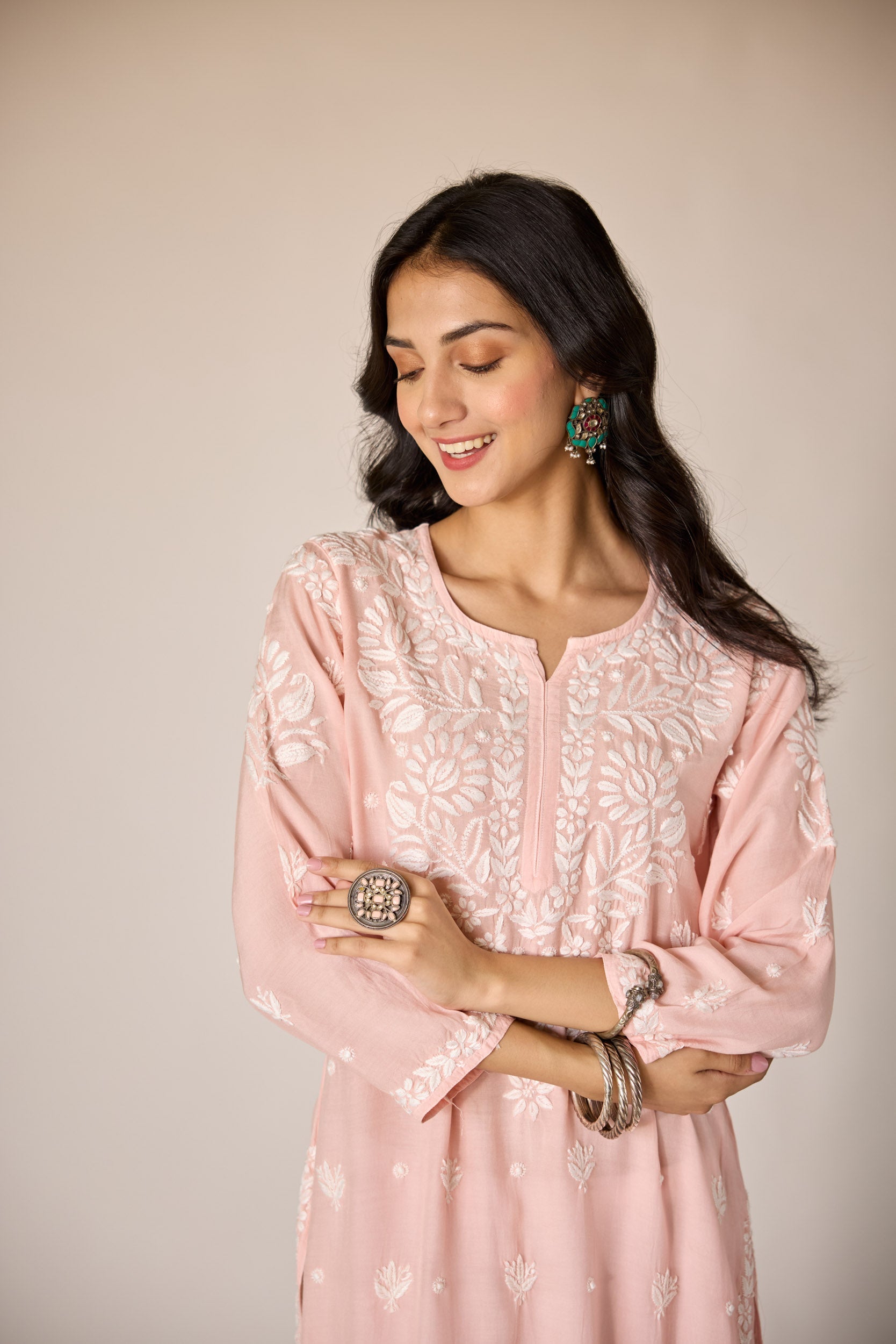 Leen Blush Pink Muslin Hand Embroidered Chikankari Kurta