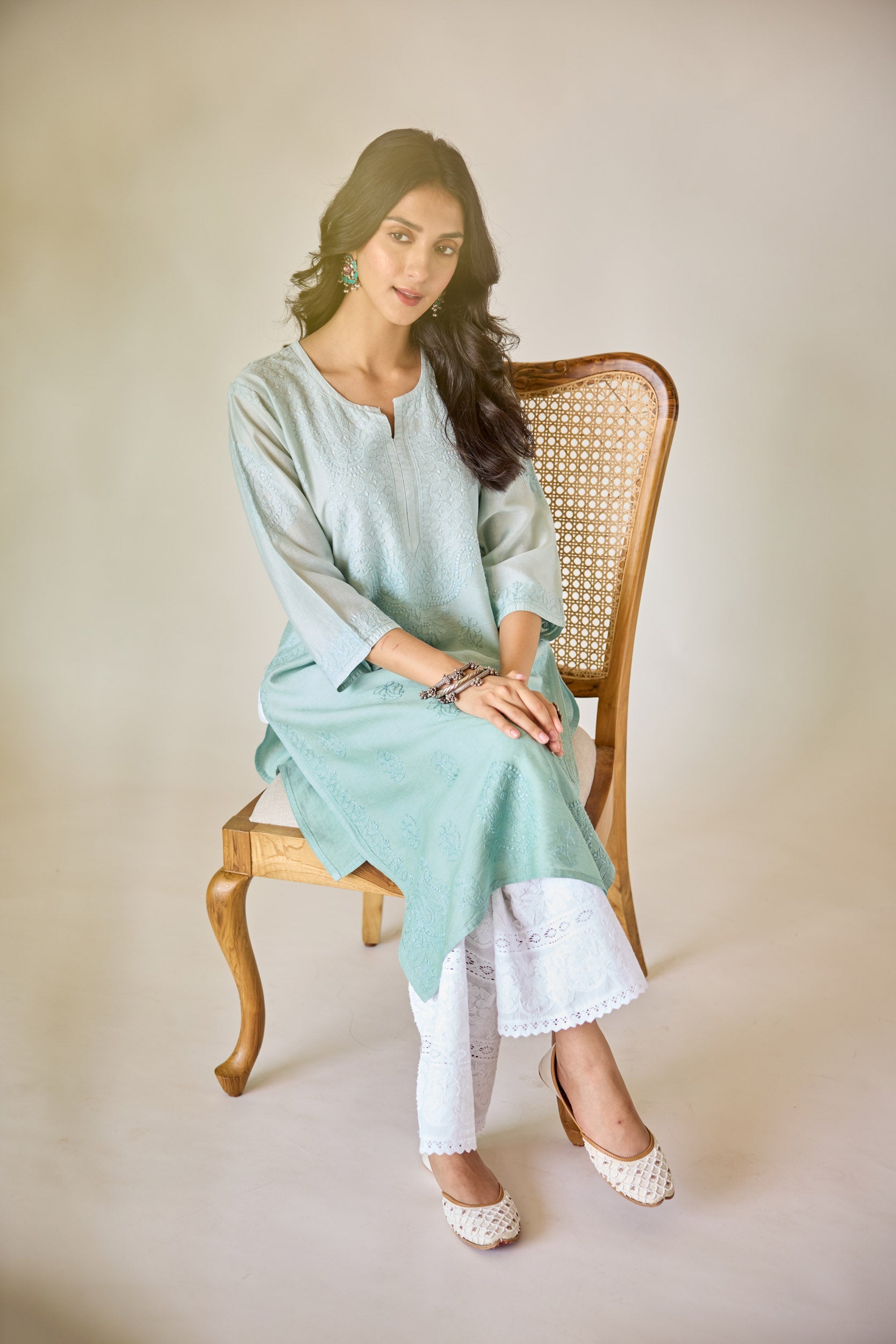 Basima Teal Ombre Chanderi Hand Embroidered Chikankari Kurta