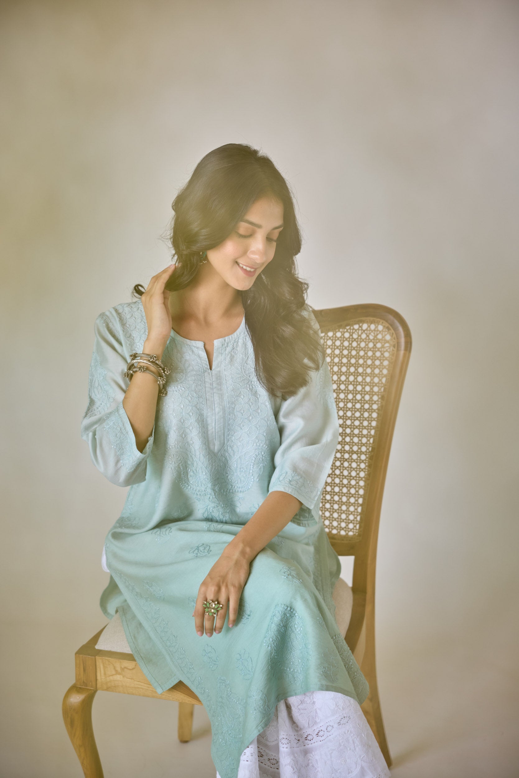 Basima Teal Ombre Chanderi Hand Embroidered Chikankari Kurta