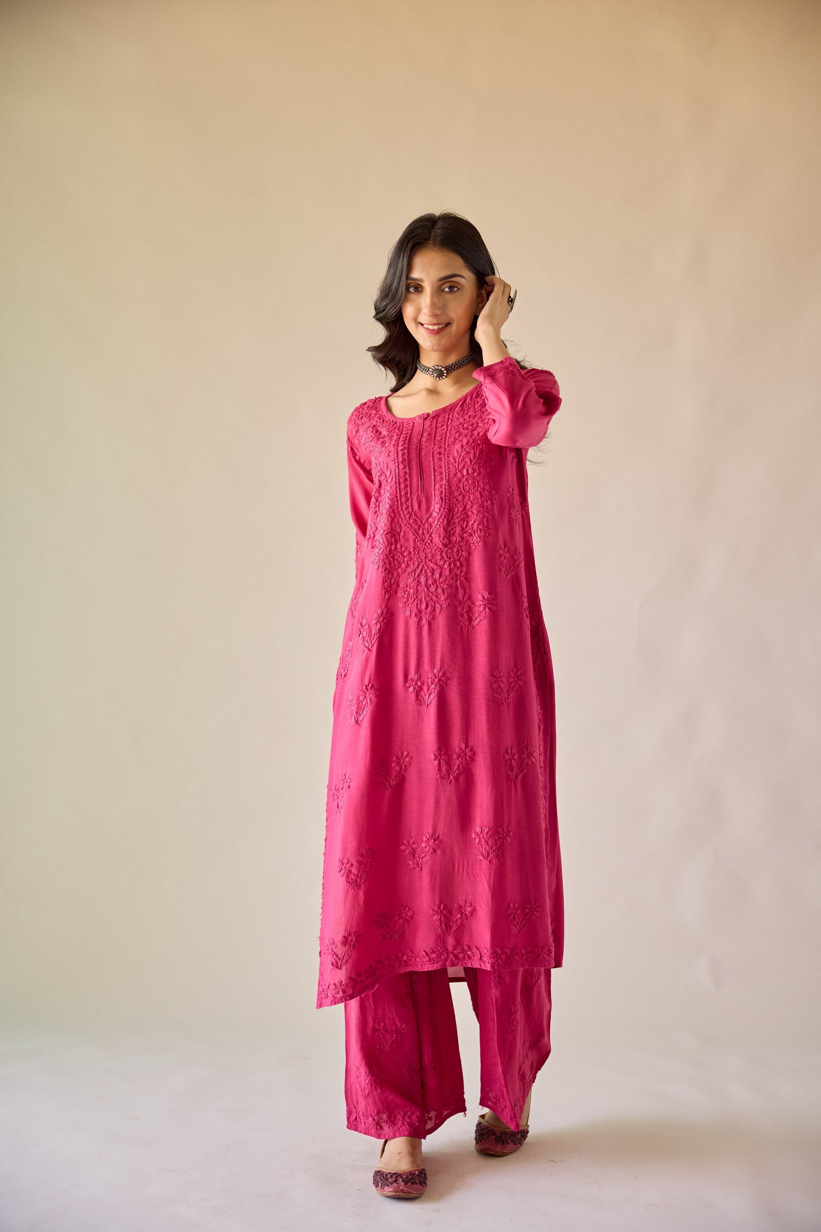 Yara Hot Pink Modal Hand Embroidered Chikankari Kurta & Pant Set