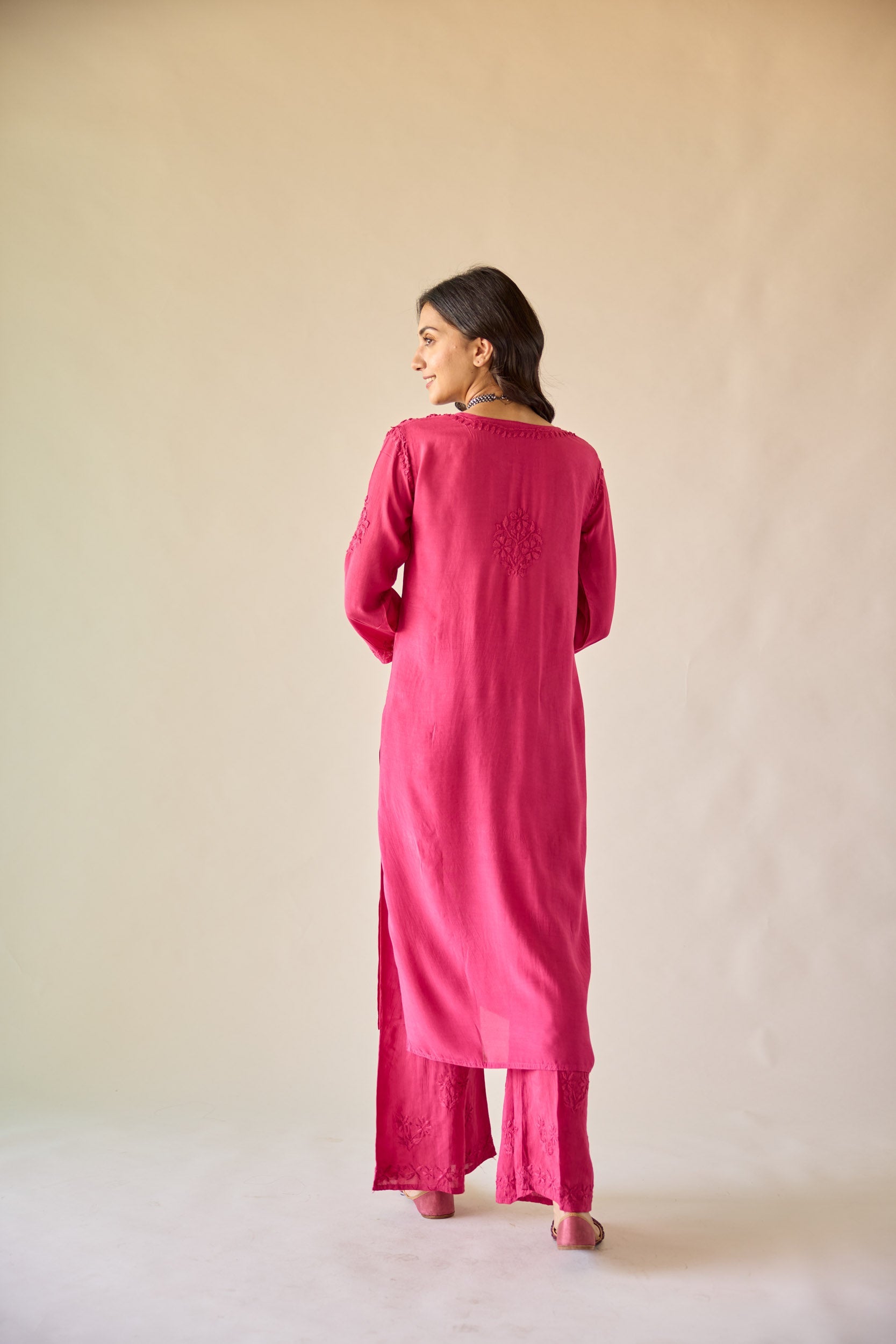 Yara Hot Pink Modal Hand Embroidered Chikankari Kurta & Pant Set