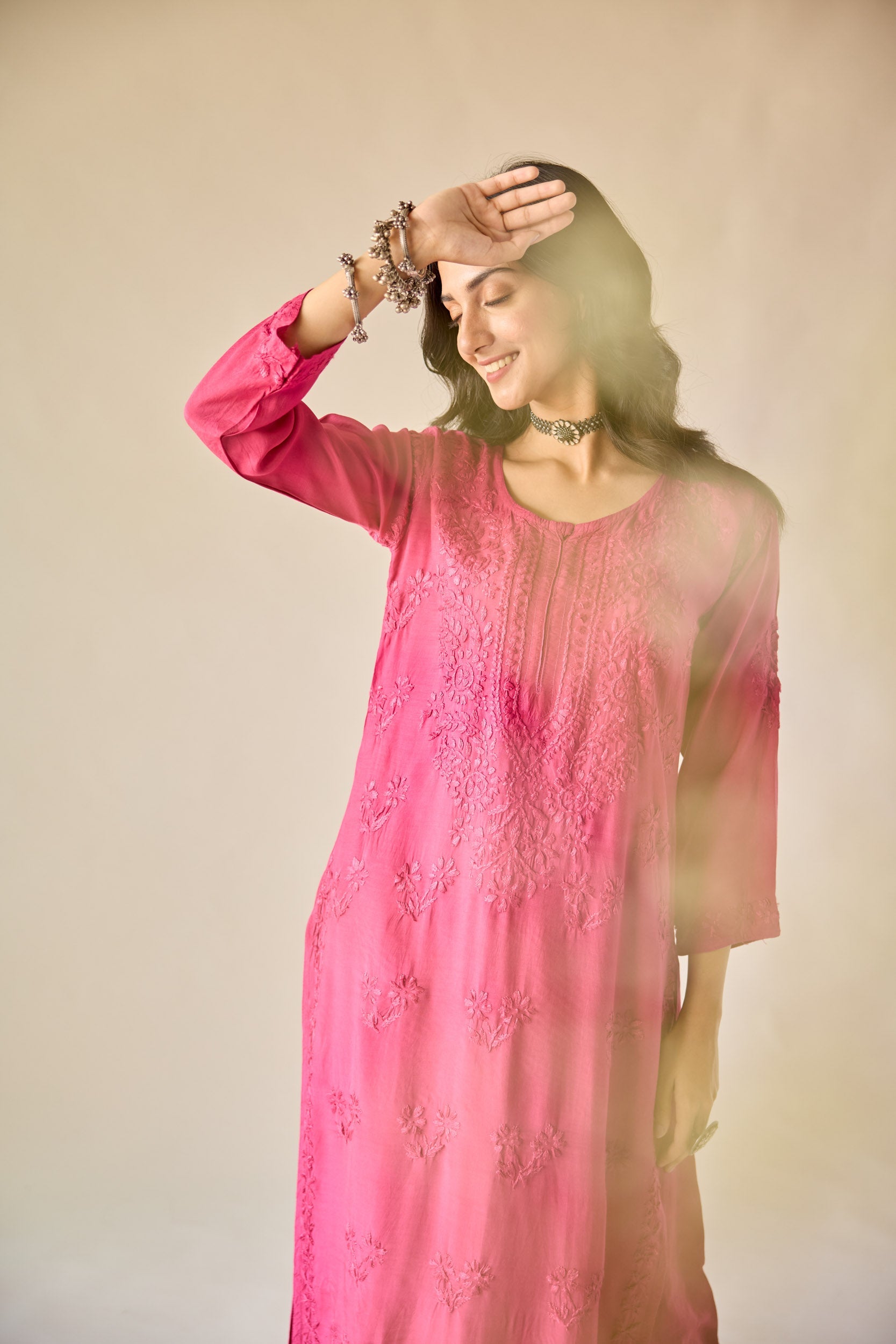 Yara Hot Pink Modal Hand Embroidered Chikankari Kurta & Pant Set