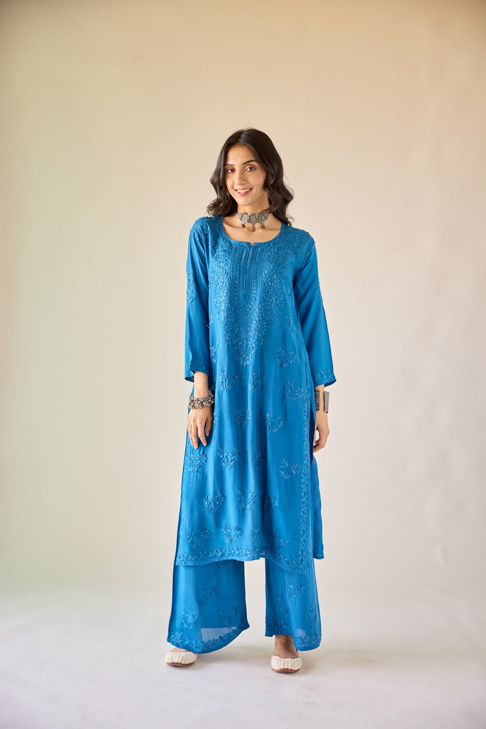 Lamis Royal Blue Modal Hand Embroidered Chikankari Kurta & Pant Set