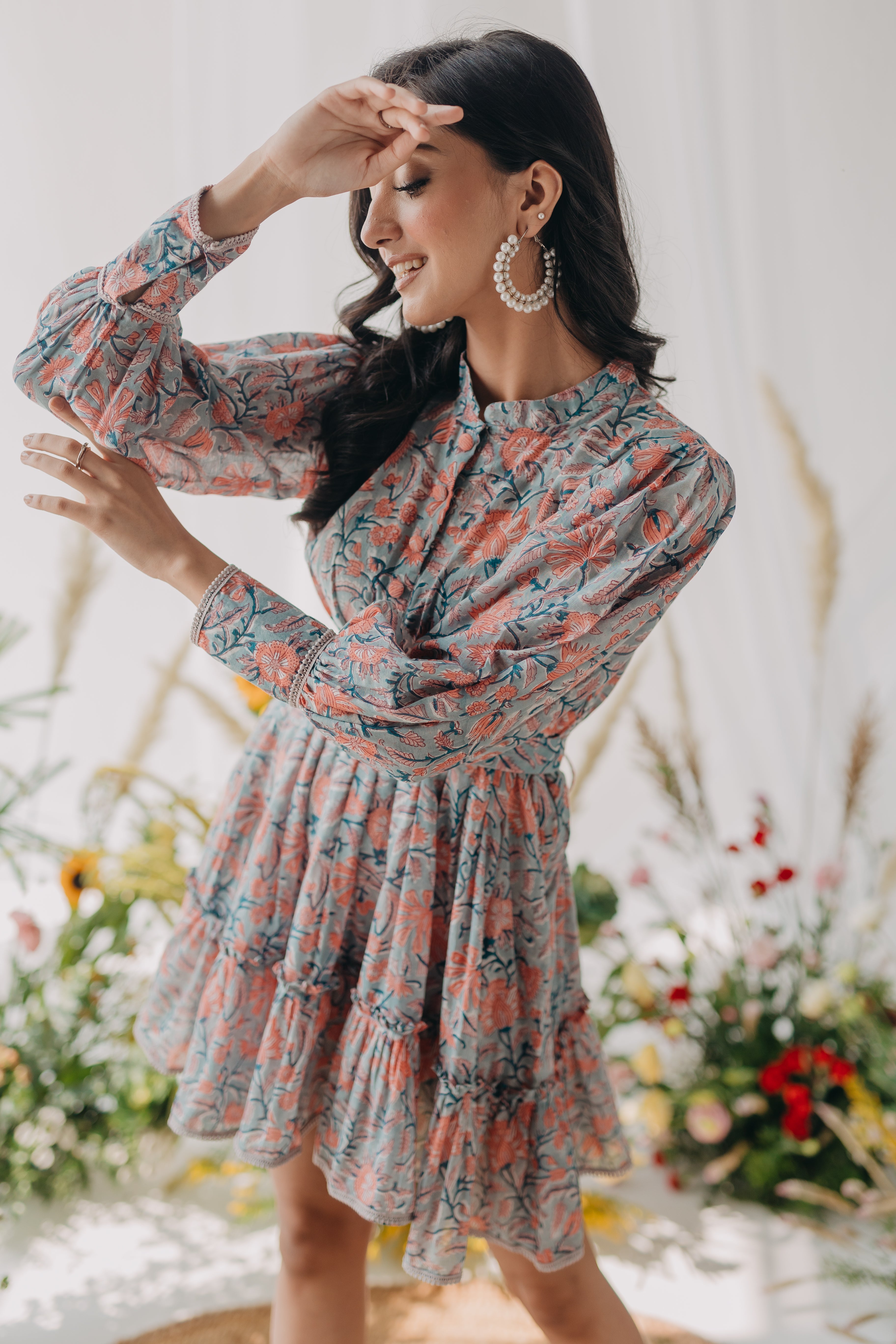 Tiffany Grey Peach Printed Cotton Collared Dress