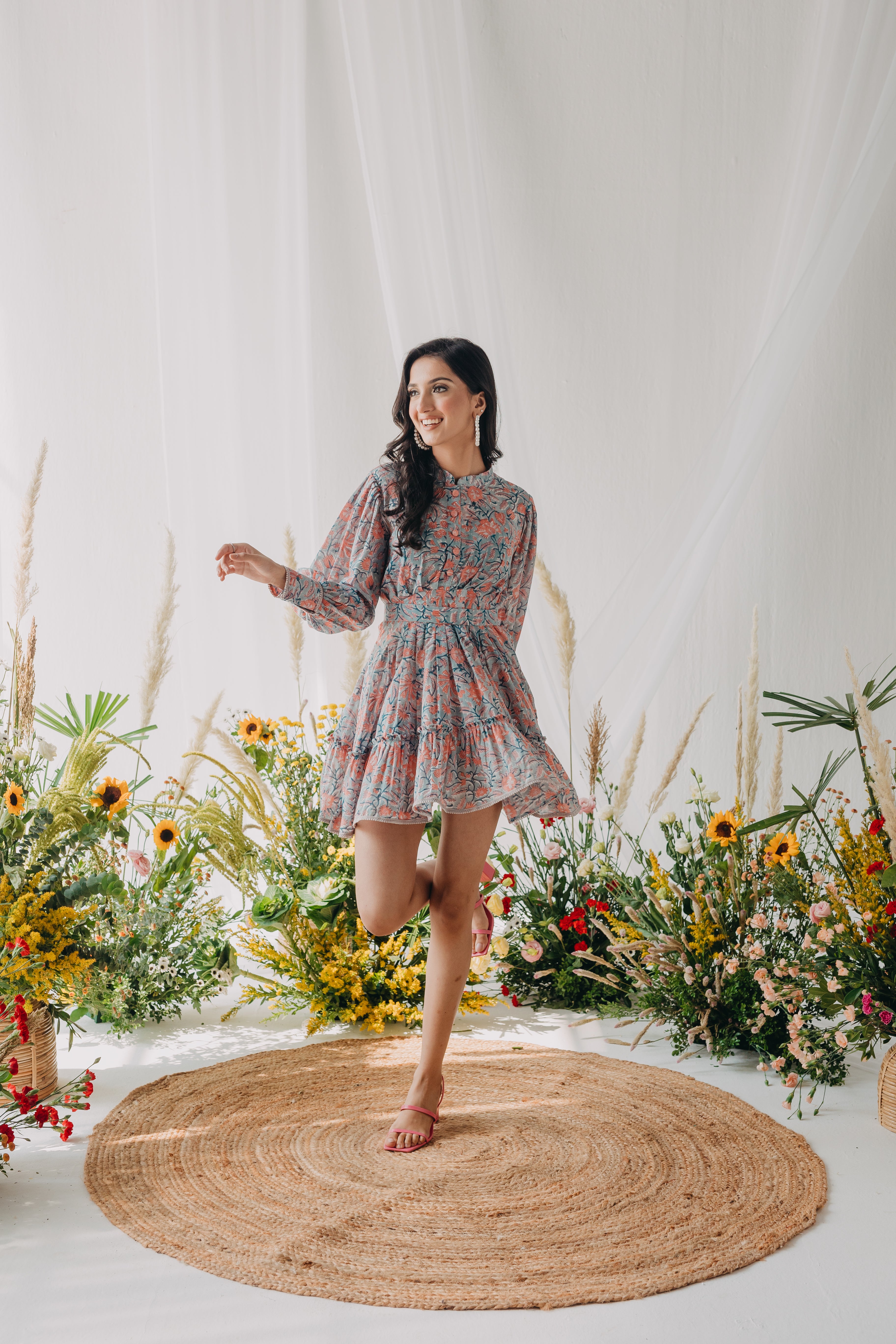 Tiffany Grey & Peach Printed Cotton Collared Dress